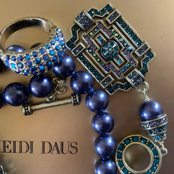Heidi Daus Beaded Crystal Toggle Necklace With Earrings and Ring Set Blue Multi - Picture 9 of 16